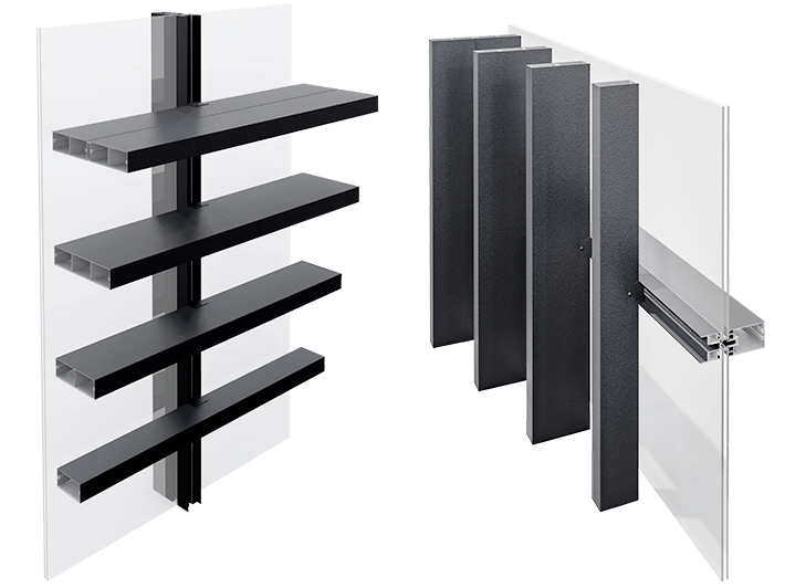 Brise soleil aluminium Tanagra® e pose horizontale et verticales avec lames rectangulaires de 50mm d'épaisseur