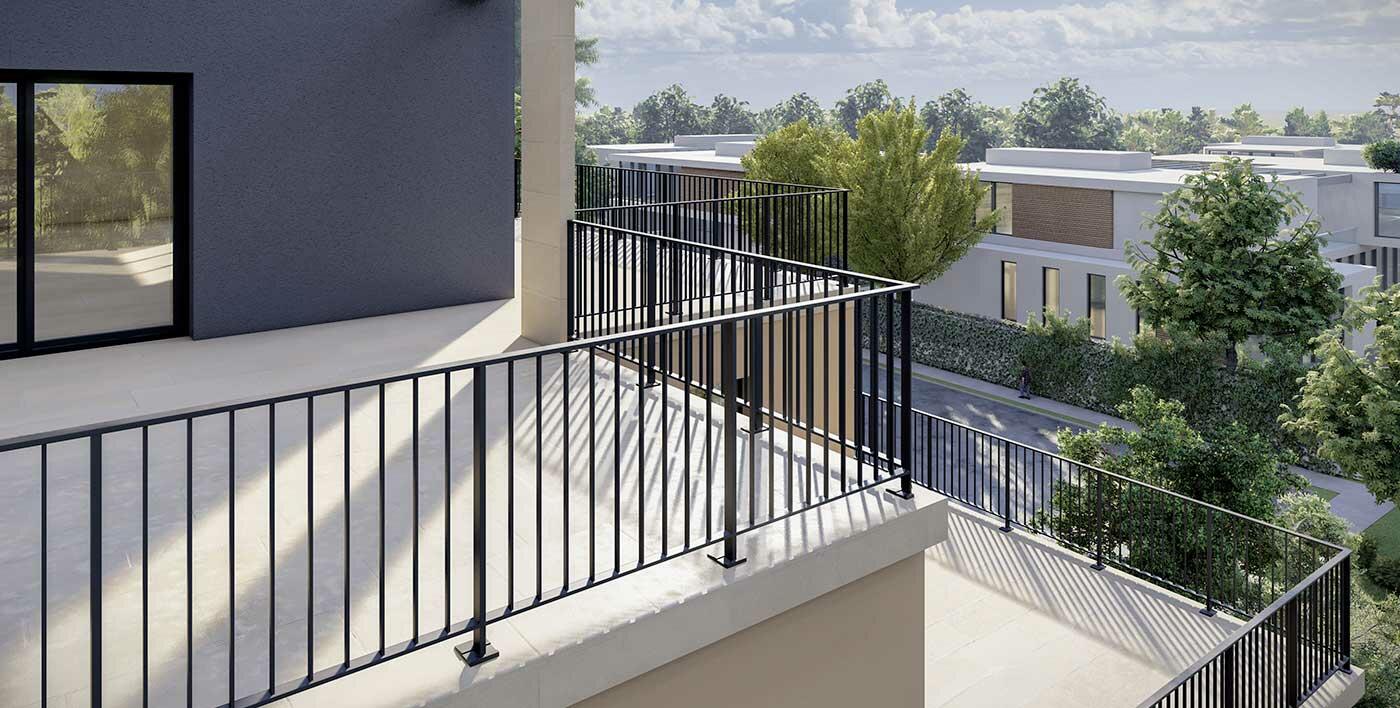 Garde-corps aluminium minimaliste Lhassa barreaudé avec angle à 90°