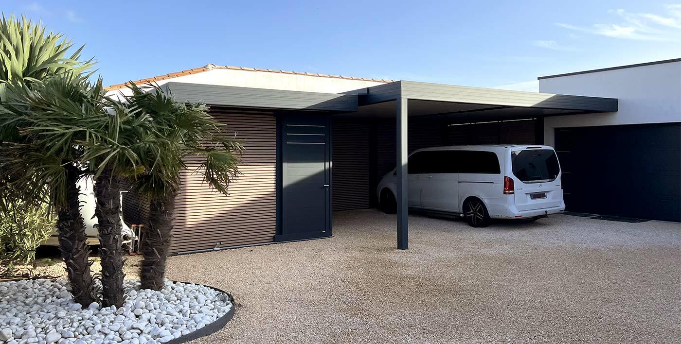 Double carport aluminium Wallis&Park® avec partie fermée pour stockage