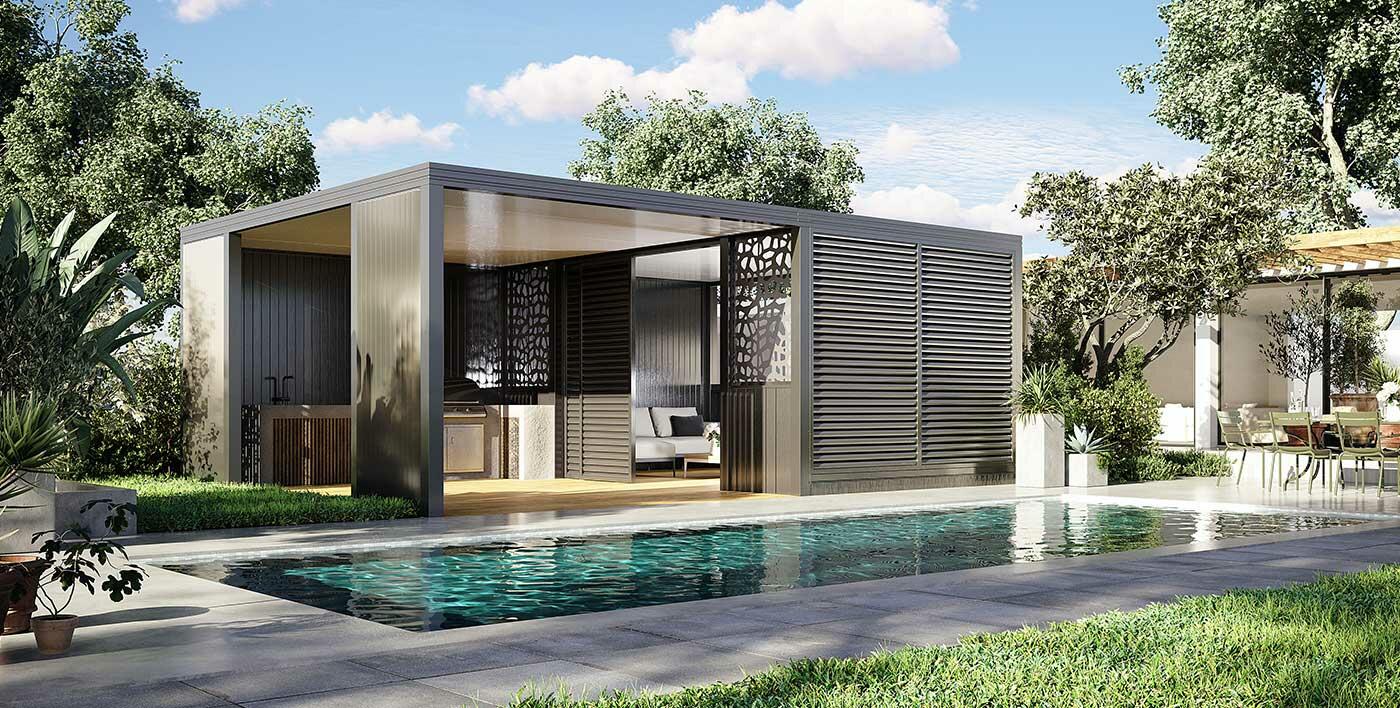 Gazebo Wallis&Garden avec bardage, brise-vue et fermeture coulissante