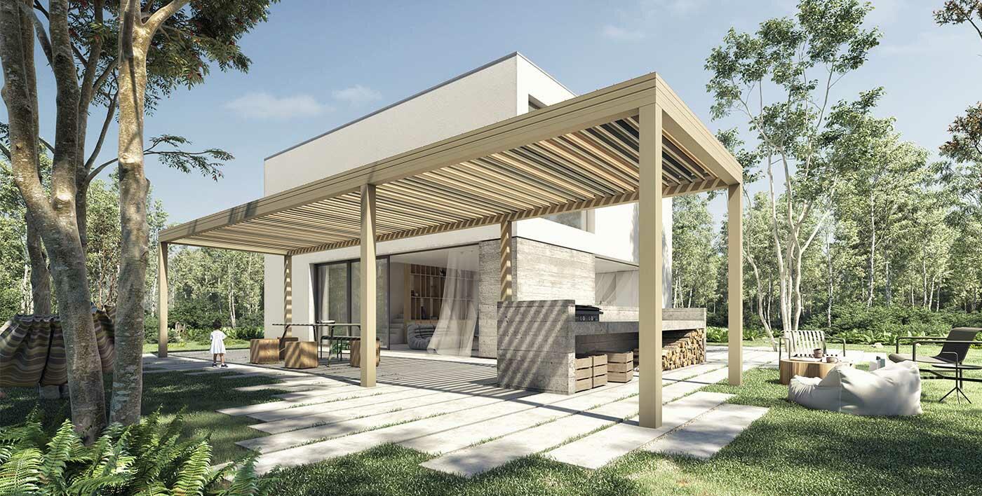 SAND, une pergola en couleurs aux teintes beiges sablées et gris fumé