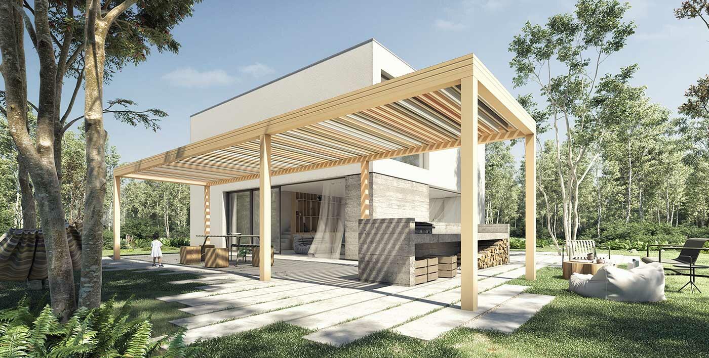 SAND, une pergola aux couleurs neutres et chaleureuses associées à une base de blanc