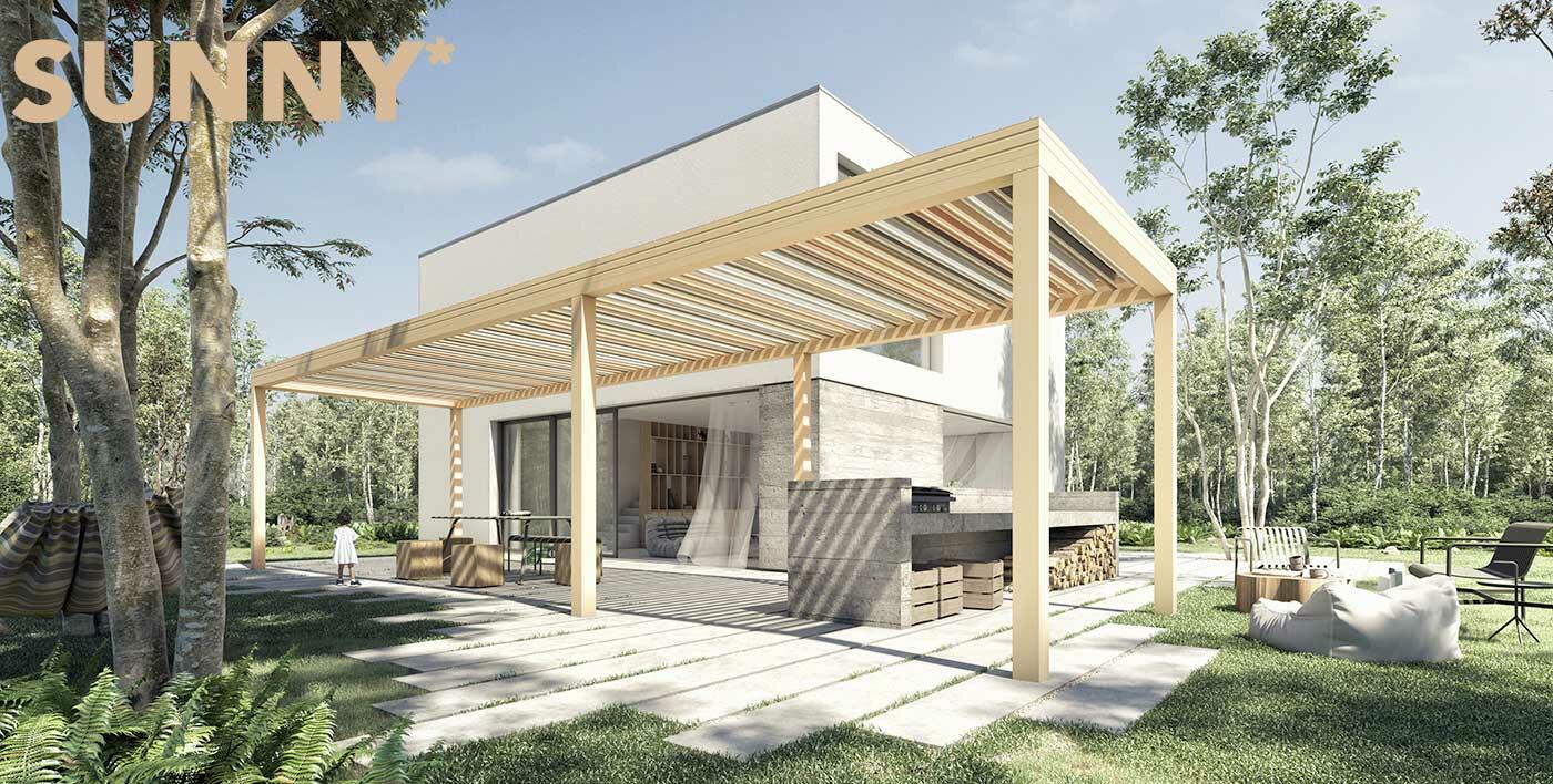 SUNNY, une pergola aux couleurs neutres et chaleureuses associées à une base de blanc