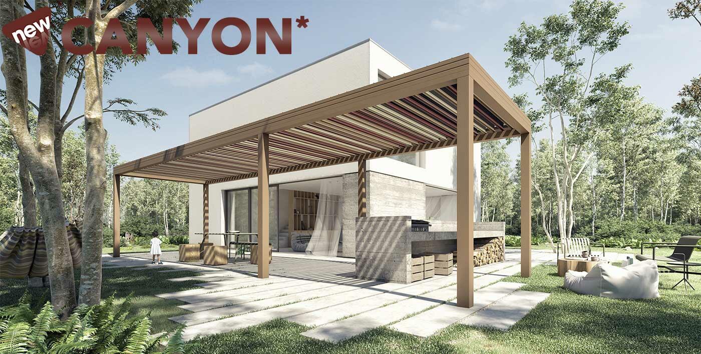 CANYON, une pergola alu aux teintes organiques de terres arides, qui évoque les ocres, les écorces d’arbres, le feu... 