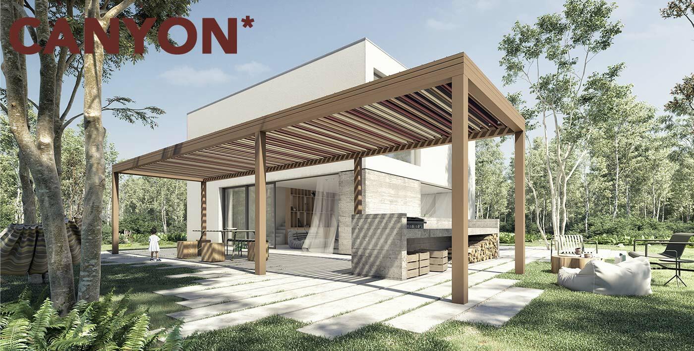 CANYON, une pergola alu aux teintes organiques de terres arides, qui évoque les ocres, les écorces d’arbres, le feu... 