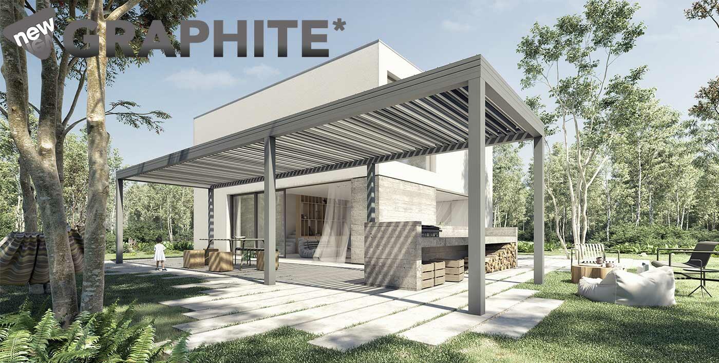 GRAPHITE, une pergola alu 4 couleurs aux teintes froides inspirées des sommets enneigés, de ciels lumineux par temps clairs... 