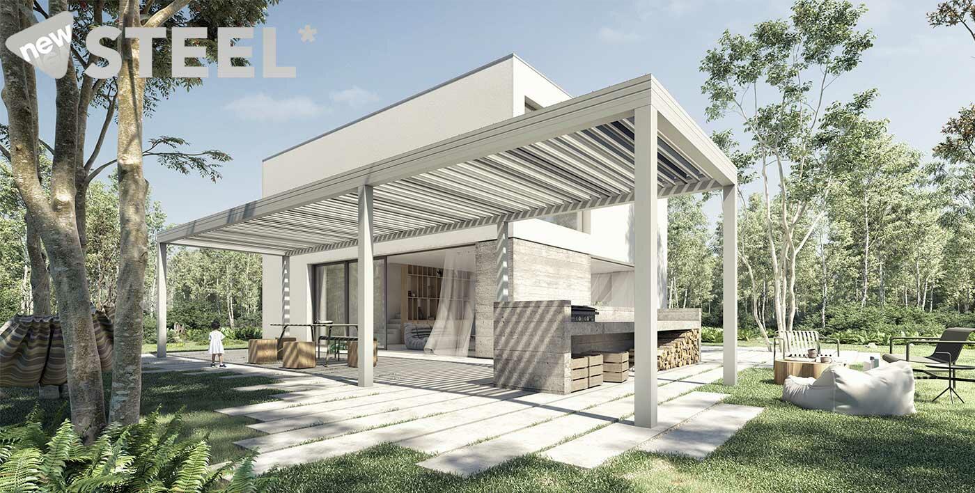 STEEL, une pergola alu 3 couleurs aux teintes froides inspirées des sommets enneigés, de ciels lumineux par temps clairs...