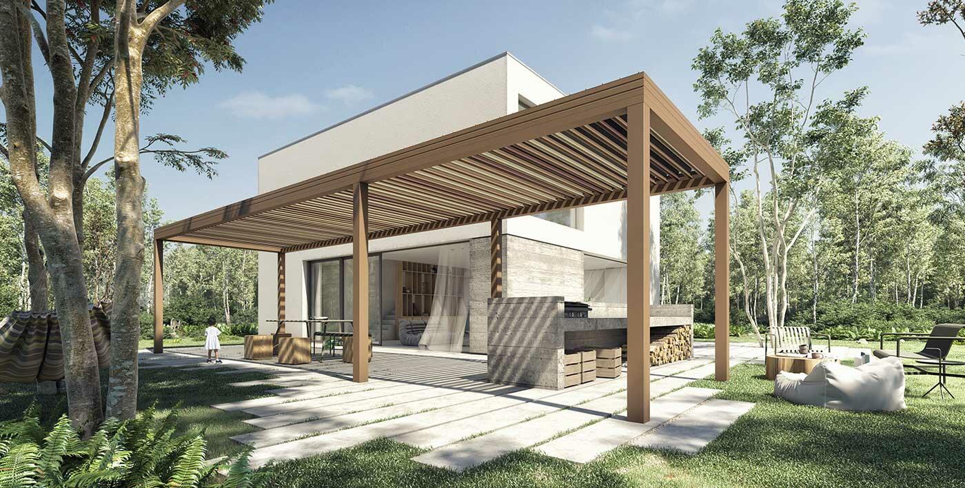 Havane, une pergola alu avec une base de couleurs organiques associées à la terre, au bois et à la pierre…