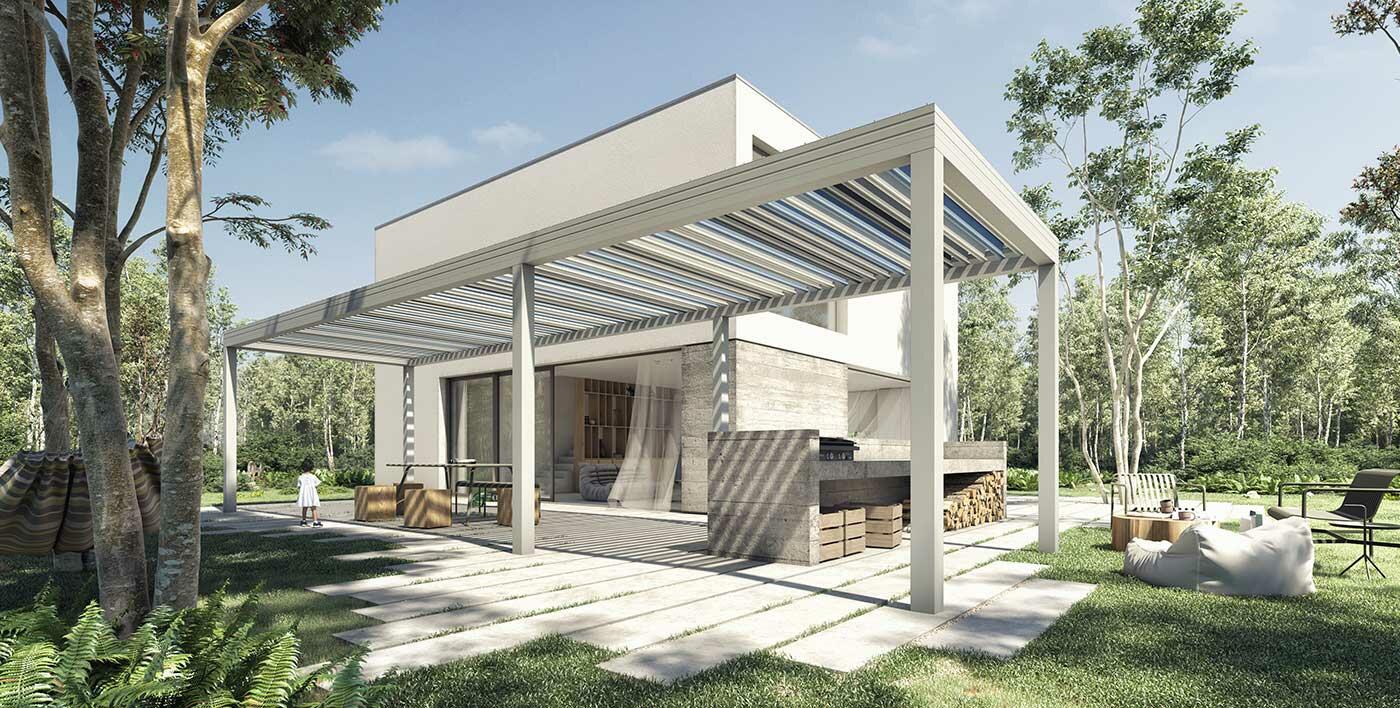 PURE, une pergola alu aux couleurs gris, bleu et blanc qui rappelle les montagnes enneigées, la mer, le ciel...