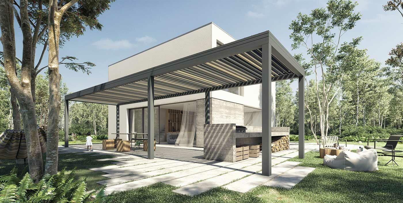 CELEST, une pergola avec des couleurs dominantes noires et dorés, qui évoque le ciel, l’espace, la nuit, les minerais...